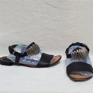 STUART Weitzman Black Supple Leather Oblong Silver Beaded Ankle Strap Sandals
